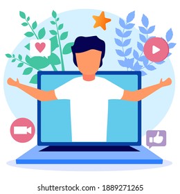 Vektorgrafik einzeln auf weißem Hintergrund. Einflussgrößen der sozialen Medien sind am Werk. Erstellen Sie Inhalte, Videos, Promotionen und mehr.