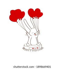 Vektorgrafik einzeln auf weißem Hintergrund. Der glückliche Hase hält Ballons in seinen Pfoten. Rote Farbe. Das Bild wird für Aufkleber, Symbole, Postkarten verwendet.