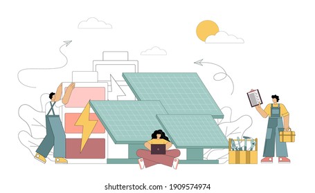 Vector illustration isolated on white background. Installing solar panels. Green energy.