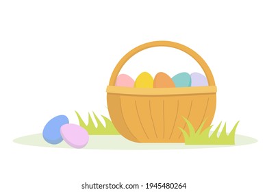 vector illustration isolated on white background basket with colored Easter eggs