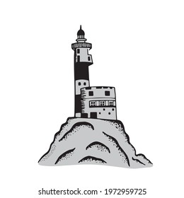 Vector illustration isolated on a white, silhouette of a lighthouse on a rock, hand-drawn in ink, sea, shadow. Freedom, way. Stylish black and white graphics logo, print. Freehand minimalistic sketch.