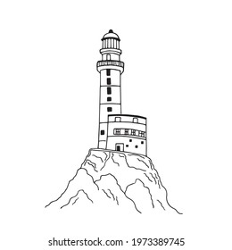 Vector illustration isolated on a white, silhouette of a lighthouse on a rock, hand-drawn in ink, sea, shadow. Freedom, way. Stylish black and white graphics logo, print. Freehand minimalistic sketch.