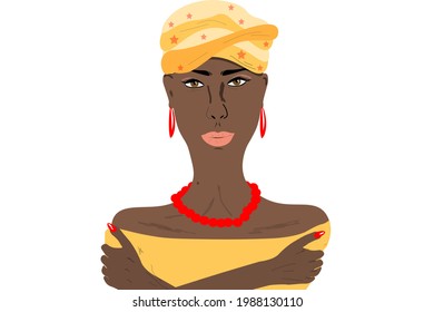 Vector illustration isolated on white background African girl shoulder-length. A woman in a bright dress, hands on her shoulders.