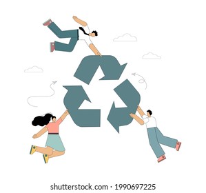 Vektorgrafik einzeln auf weißem Hintergrund. Die Leute halten Recycling-Symbol, Ökologie-Projekt-Konzept. Rettung der Umwelt.