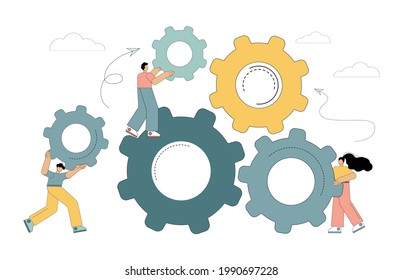 Vector illustration isolated on white background. Teamwork business concept. People connect gears. Effective team