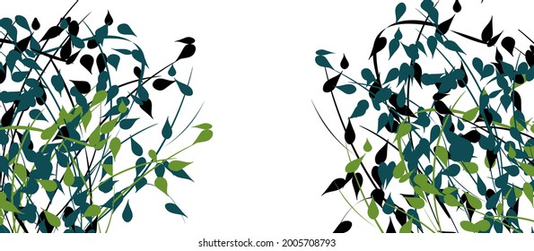 Vector illustration isolated on a white background of branches with leaves on two sides. The petals are light and dark on brown twigs.