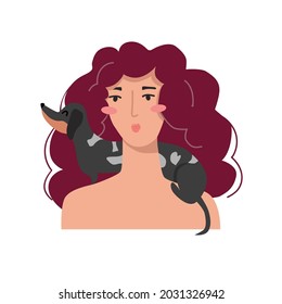 Vector illustration isolated on white background  portrait of a woman and a dachshund who sits on the shoulders of a woman
