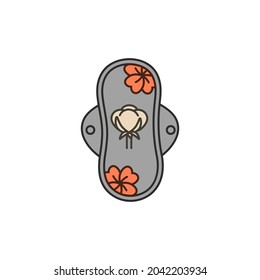 Vector illustration isolated on white background reusable menstrual pad with cotton flowers. Natural hygiene cotton napkin for menstruation.