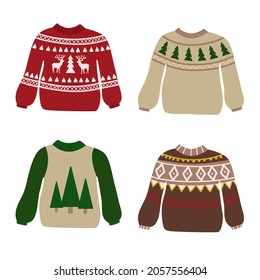 Vector illustration isolated on white background set of traditional ugly Christmas sweaters. Cute party wear for invitations and cards.