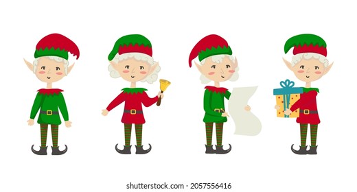 Vector illustration isolated on white background set of Christmas elves Santa Claus little helpers with holiday gifts. Christmas and New Year concept for cards, invitations, advent calendar.
