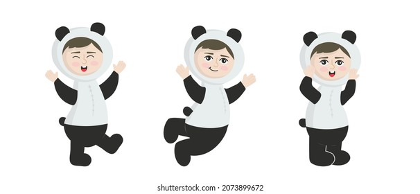 Ilustración vectorial aislada en un niño de fondo blanco disfrazado de carnaval animal. Bebé de dibujos animados con disfraz de panda en diferentes poses
