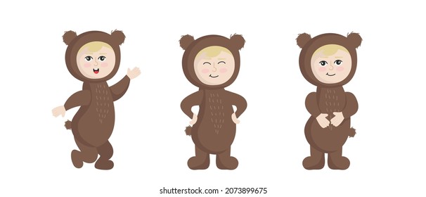 Vector illustration isolated on white background child in animal carnival costume. Cute cartoon baby in a bear costume in different poses