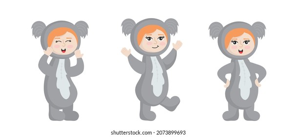 Ilustración vectorial aislada en un niño de fondo blanco disfrazado de carnaval animal. Bebé de dibujos animados con disfraz de koala en diferentes poses
