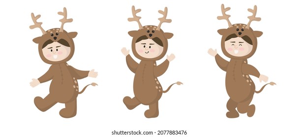 Vector illustration isolated on white background child in animal carnival costume. Cute cartoon baby in a deer costume in different poses