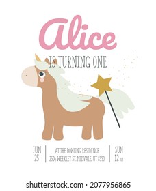 Vector illustration, isolated, on a white background. An invitation to a unicorn party in a cartoon style with a magical cute brown unicorn. Cartoon style.