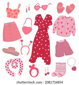 Ilustración vectorial aislada sobre un fondo blanco conjunto de ropa romántica para el día de San Valentín y cita romántica. Vestido, cardigan, medias, falda, superior con adorno cardíaco