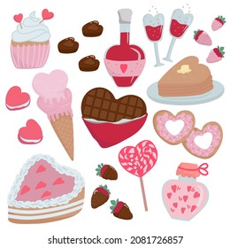 Vector illustration isolated on white background set of food in the shape of a heart. Perfect for Valentine's Day, Wedding, Romantic Date
