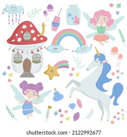 Vector illustration isolated on white background set of magical characters from a fairy tale. Cute unicorn, fairies, mushroom house and other elements ideal for children's designs