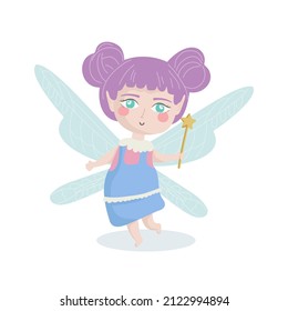 Vector illustration isolated on white background Cute fairy with purple hair and a magic wand.The concept of fairytale characters for children's decor, invitations