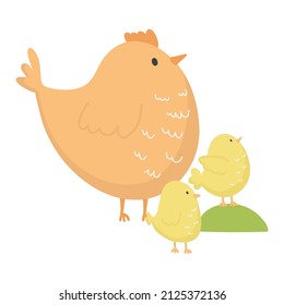 Vector illustration isolated on white background cartoon mother hen and chicks.