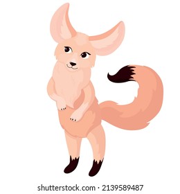 Vector illustration isolated on white background. A cute sand-colored fennec fox stands on its hind legs. Character in cartoon style.