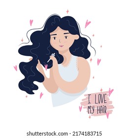 Vector illustration isolated on white background cute girl using hair cosmetics and "I love my hair" lettering. Concept of hair care routine and self love