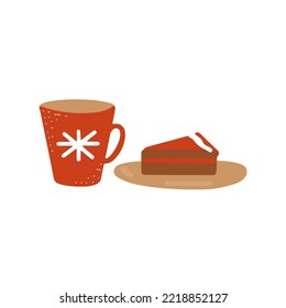 Vector illustration isolated on white background. A cup of tea or coffee and a piece of cake on the plate.