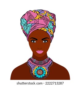 Vektorgrafik einzeln auf weißem Hintergrund.Porträt einer Afrikanerin in einem Turban und eine Halskette auf ihrem Hals.	