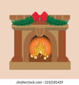 Vector illustration isolated on white background. Comfortable cozy warm fireplace flame. Stone fireplace decorated with a bow and spruce branches.