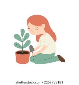 Vector illustration isolated on white background. Cute girl planting a flower in a pot, gardening, spring seedling.