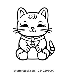 Vector illustration isolated on white kawaii asian cat. Neko with one hand up. Lucky cat Maneki Neko Outline Icon coloring book black line