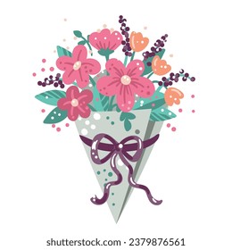 Vector illustration isolated on a white background. Hand-drawn bouquet of flowers in paper packaging. Modern flat animated style. Decorative illustration for a congratulatory postcard,holiday,birthday
