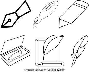 Vector illustration isolated on white background.School clip art collection.Template For Mockup Branding Stationery and Corporate Identity. Pen and feather pen collection icon set symbol illustration 