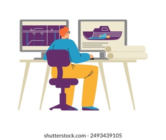 Vector illustration isolated on a white background with a marine engineer working at a computer on ship diagrams. Ideal for the design of engineering projects