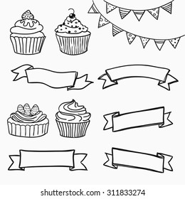 Vector illustration isolated on white, hand-drawn cupcakes and banners set. Perfect for menus, invitations, decor for restaurants, birthdays and weddings