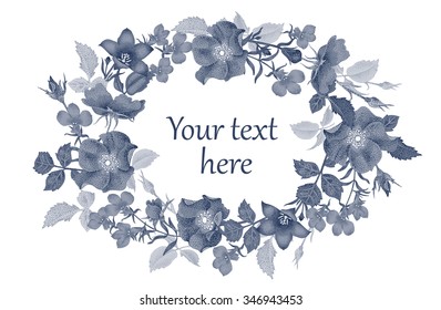 Vector illustration isolated on white background frame of flowers. The original design for printing on paper and clothes, creating greeting cards, congratulations and invitations with space for text.
