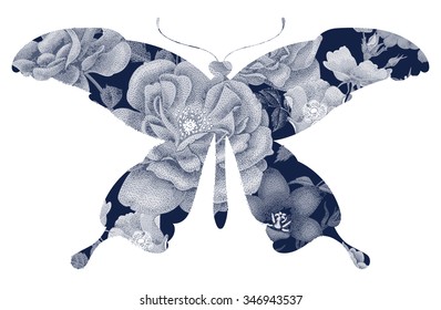 Vector illustration isolated on a white background silhouette of a butterfly with flowers. The original design for printing on paper and clothes.