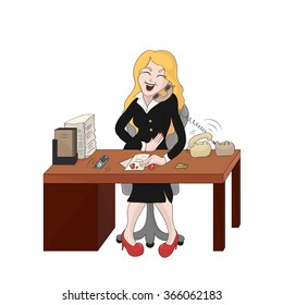  Vector illustration isolated on white background. Blonde secretary talking on the phone and paints nails