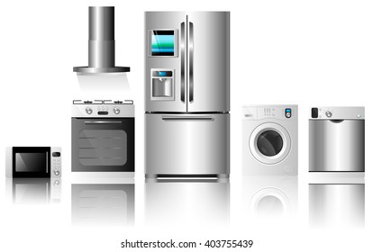 Vector illustration isolated on white background.Kitchen home appliances. Set of household technics: washing machine, dishwasher, electric oven, extractor hood, microwave and refrigerator