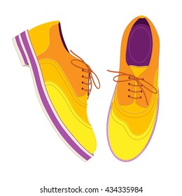 Vector illustration isolated on white background. Yellow shoes decorated with violet soles