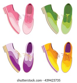  Vector illustration isolated on white background. Four pairs of shoes - pink, green, purple and yellow flowers.