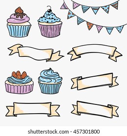 Vector illustration isolated on white, hand-drawn cupcakes and banners set. Perfect for menus, invitations, decor for restaurants, birthdays and weddings