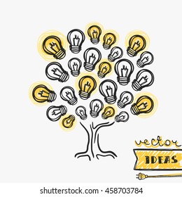 Vector illustration isolated on white, ideas growth concept, hand-drawn light bulb tree