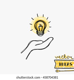 Vector illustration isolated on white, solution and idea concept, hand-drawn light bulb in a hand