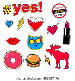 Vector illustration isolated on white background. Fashion patch .Set of stickers in cartoon 80s-90s comic style.