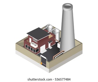 Vector illustration isolated on white background. Isometric icon representing factory building with a pipe, cisternae, fence with a barrier.