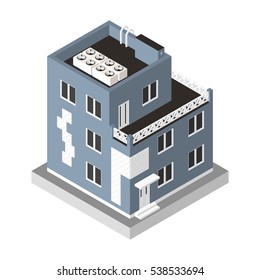 Vector illustration isolated on white background. Isometric icon representing modern house. Urban dwelling Building with a windows and air-conditioning.