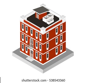 Vector illustration isolated on white background. Isometric icon representing modern house. Urban dwelling Building with a windows and air-conditioning.