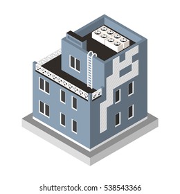 Vector illustration isolated on white background. Isometric icon representing modern house. Urban dwelling Building with a windows and air-conditioning.