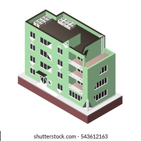 Vector illustration isolated on white background. Isometric icon representing modern house. Urban dwelling Building with a windows and air-conditioning